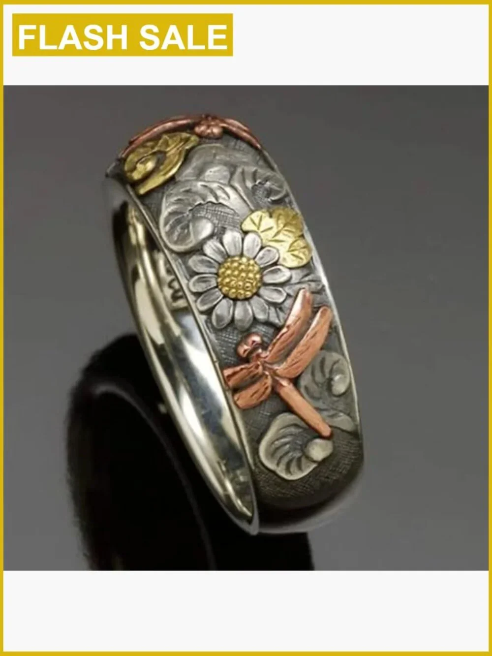 Vintage Carved Dragonfly Sunflower Ring Size 8, Alloy Metal Statement Ring